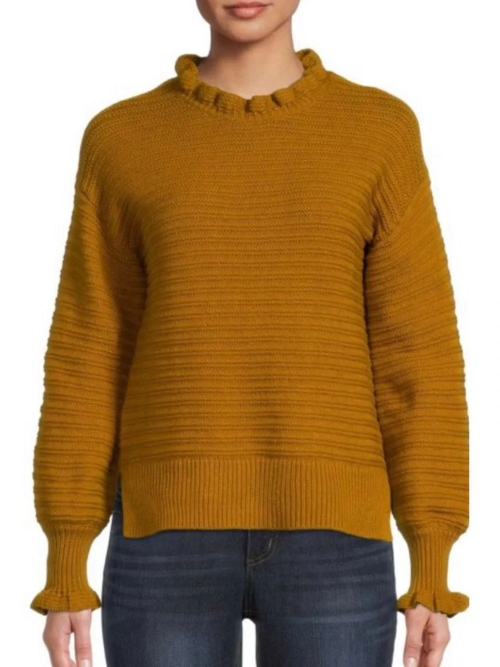 MADEWELL Ruffle Merino Wool Blend Sweater Mustard Yellow Size M